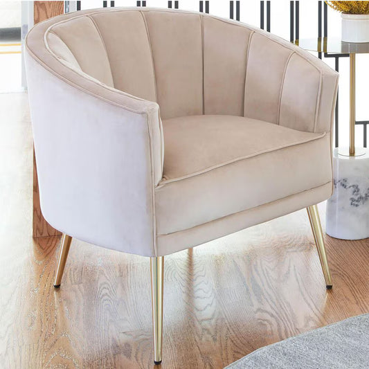 Beige Velvet Accent Chair with Gold Legs – Modern Scallop Back Lounge Chair