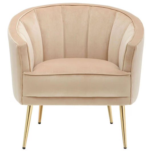 Beige Velvet Accent Chair with Gold Legs – Modern Scallop Back Lounge Chair