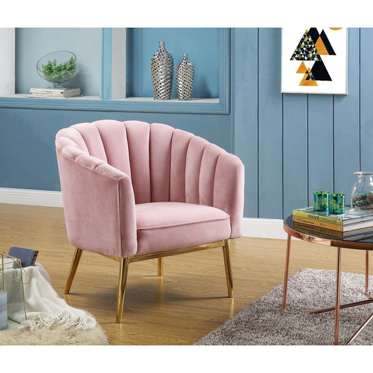 Blush Pink Velvet Accent Chair with Gold Legs – Modern Scallop Back Lounge Chair